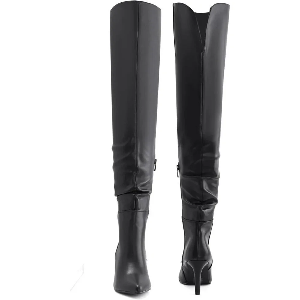 Women Pu Black Polyurethane Over The Knee Stiletto Heel Pointed Toe Long Boot